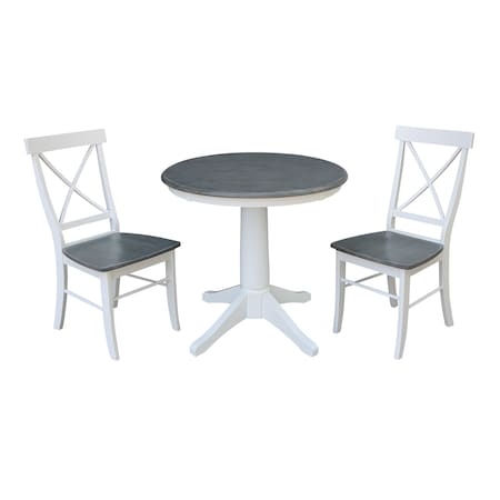 International Concepts Round 30 in Rd Top Ped Table, 2 X-Back Chairs, White/Heather Gray, 30 in W, 30 in L, 29.9 in H, Wood K05-30RT-27B-C613-2
